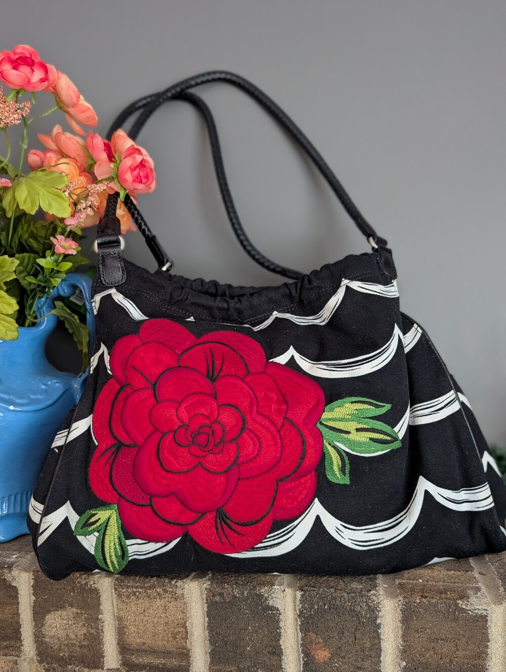 Brighton Black Shoulder Bag with Red Floral Applique and Green Leaves